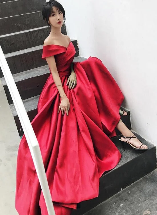 Beautiful Red Satin Off Shoulder Long Party Dress, Red Prom Dress Tunics Brand named