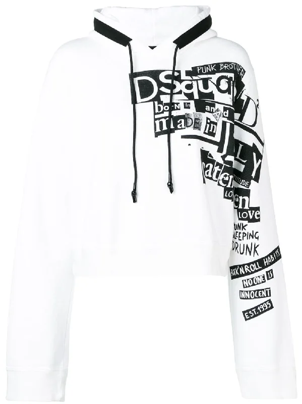 logo print cropped hoodie Hoodie with Exposed Zipper Edgy Industrial