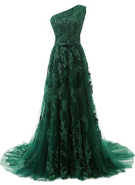 Green Tulle Elegant Party Dresses, One Shoulder Applique Formal Dresses, Tulle Prom Dress Tunics Spring floral
