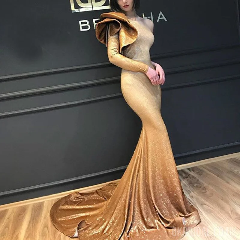 Gradual Sequin One Shoulder Long Sleeve Mermaid Prom Dresses, FC2203 Tunics Silk luxurious