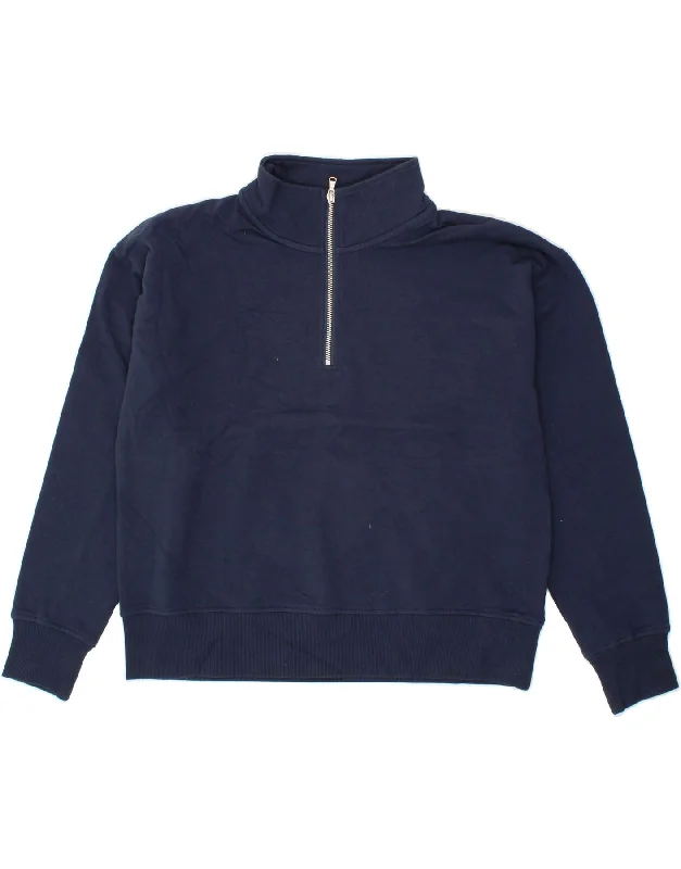 CREW CLOTHING Womens Zip Neck Sweatshirt Jumper UK 16 Large Navy Blue Hoodie with Thumb Holes Functional Cozy