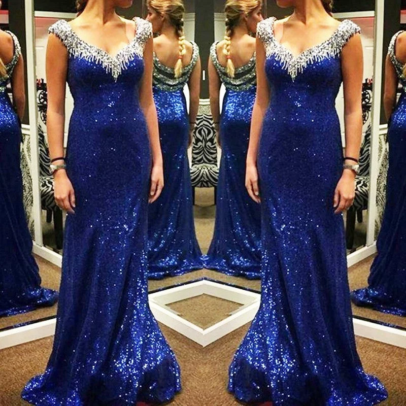 Royal Blue Shinning Sequin Cheap Long Prom Dress, WG565 Tunics Business professional