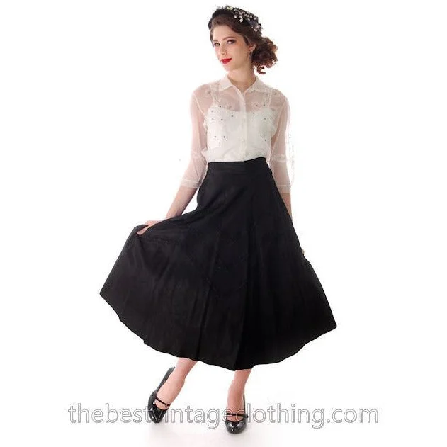 Vintage Black Taffeta Skirt Full Cool Zig Zag Soutache 1940s 27 Waist denim skirt fashionable