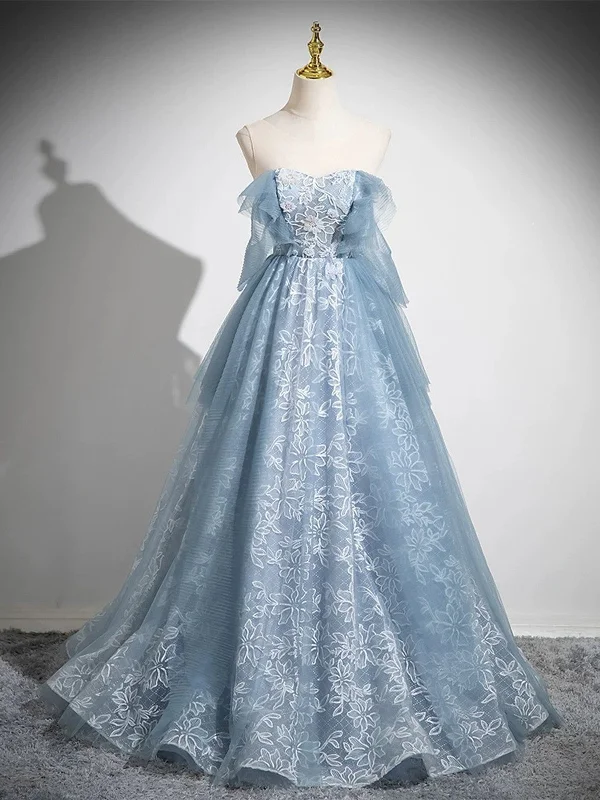 Light Blue A-line Lace and Tulle Long Party Dress, Blue Round Neckline Prom Dress Tunics Cozy comfortable