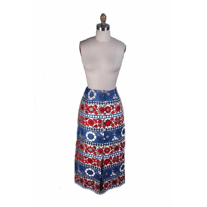 Vintage Villager Maxi Skirt Brocade Red White Blue Floral Bold Women S 10 1970s leather skirt modern
