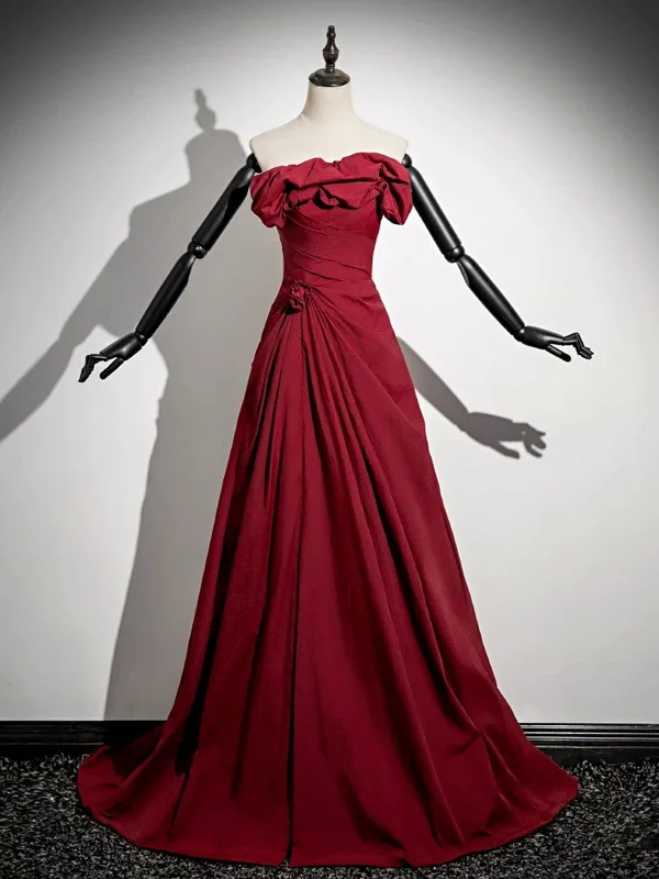 Wine Red Taffeta Long Prom Dress Party Dress, Wine Red Off Shoulder Formal Dress Tunics Stylish modern