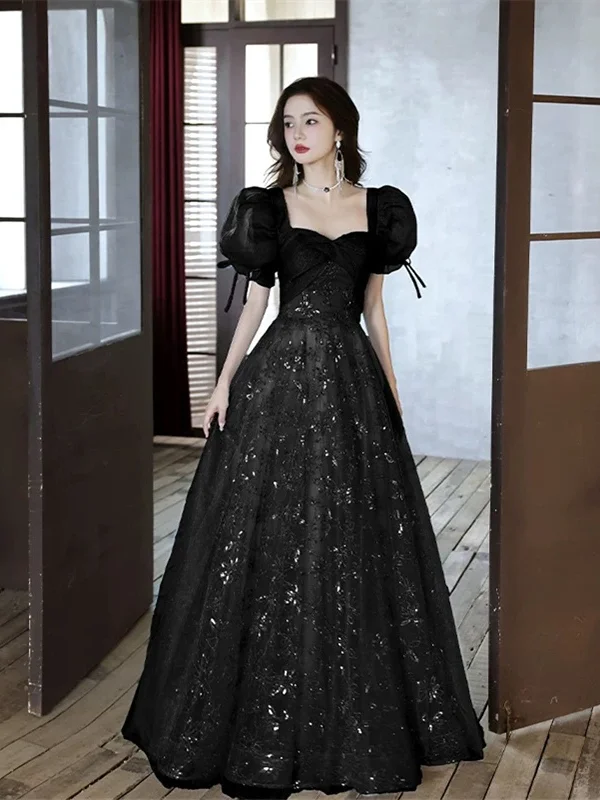 Black A-line Short Sleeves Lace Floor Length Party Dress, Black Sweetheart Prom Dress Tunics Yoga stretchy