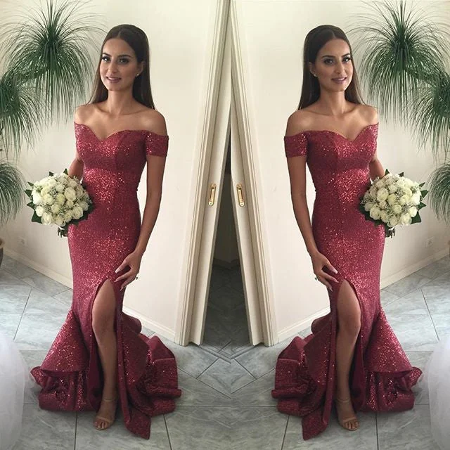 Shinning Off Shoulder Sequin Mermaid Side Slit Cheap Long Prom Dresses, WG297 Tunics Gym athletic