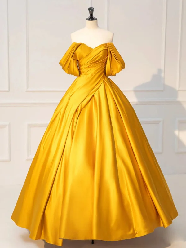 Glam Gold Satin Ball Gown Floor Length Formal Dress, Gold Prom Dress Party Dress Peplum Ruffle Cocktail