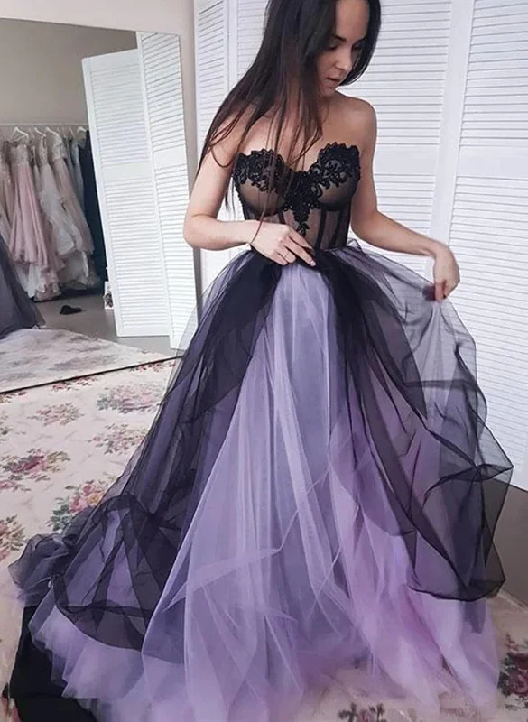 Light Purple Sweetheart Tulle Long Party Dress, Light Purple Prom Dress Crew Neckline Casual