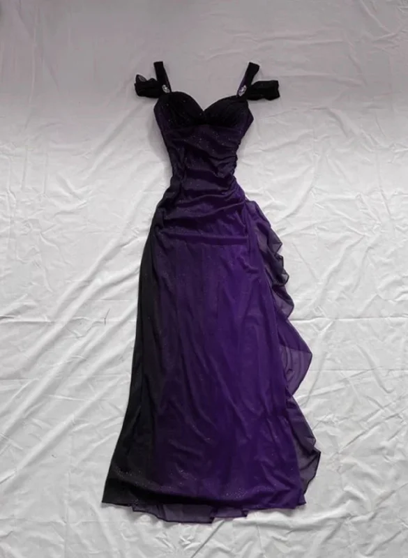 Purple Sweetheart Off Shoulder Long Party Dress, A-line Prom Dress Tunics Party sparkling