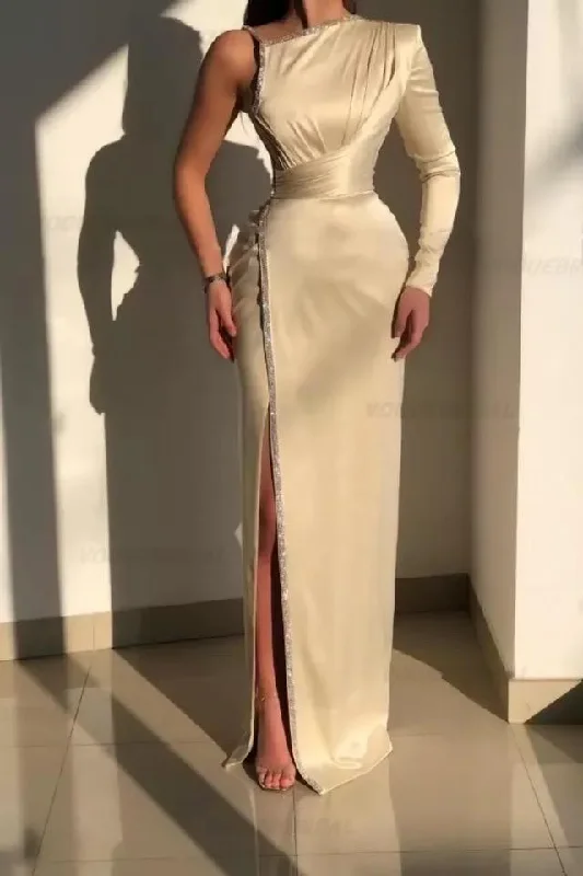 White Beaded Evening Dresses Satin Mermaid One-Shoulder Side Slit Floor-Length Elegant Party Dresses For Women 070544704 Tunics Mesh breathable