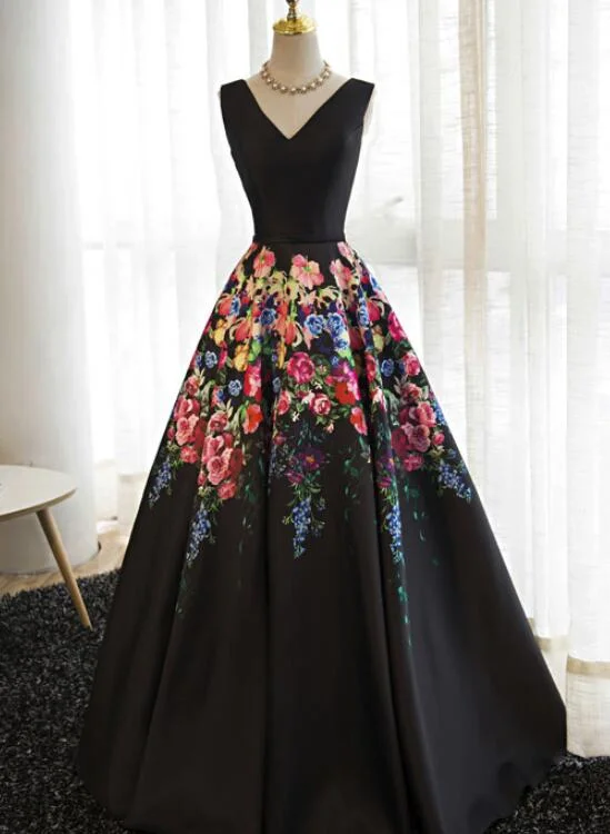 Black Satin Floral Lace-up Formal Dresses, Black Party Dress, Formal Gowns Tunics Bridal satin