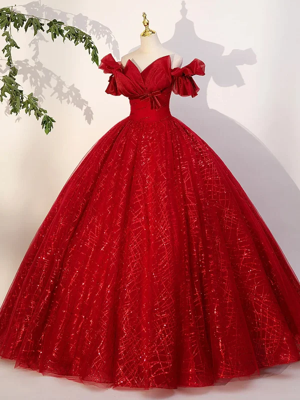 Gorgeous Wine Red Tulle Ball Gown Floor Length Party Dress, Wine Red Sweet 16 Dress Boatneck Modish Everyday