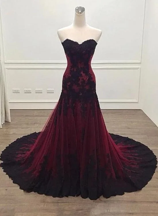 Black and Red Sweetheart Tulle with Lace Glam Evening Gown Party Dress, Long Formal Dress Tunics Office stylish
