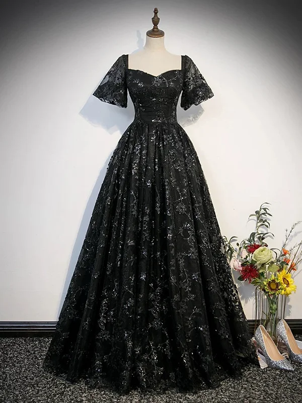Black Lace Sweetheart Short Sleeves Long Evening Dress, Black Prom Dress Party Dress Square Neckline Feminine