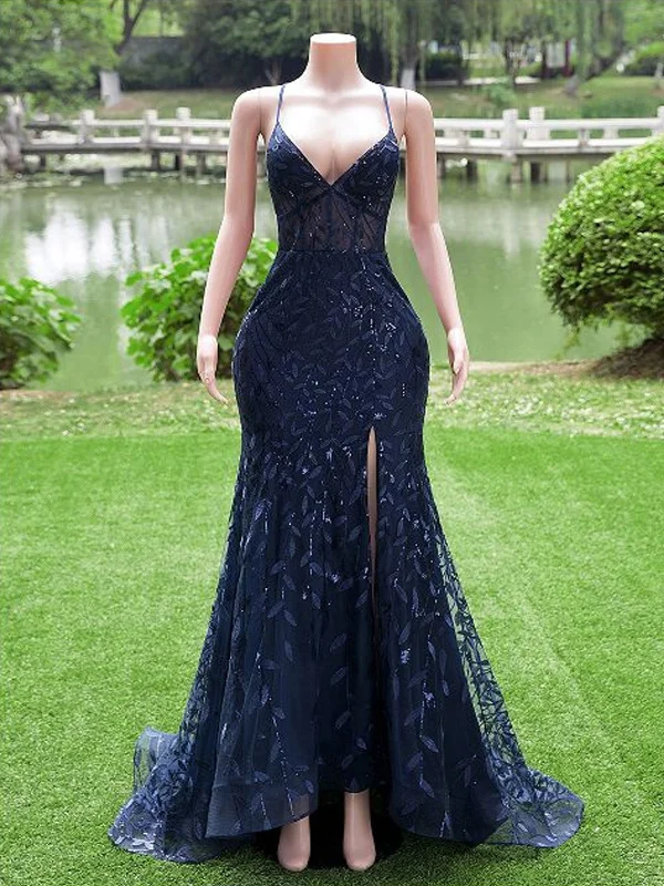 Navy Blue Mermaid Long Prom Dress with Leg Slit, Navy Blue Party Dress Tunics Practical durable