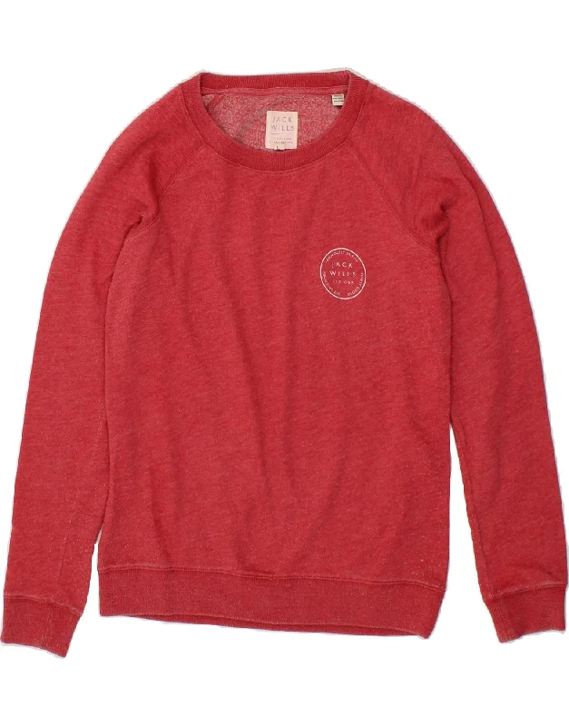 JACK WILLS Womens Sweatshirt Jumper UK 10 Small Red Cotton Hoodie with Hem Contrast Bold Stylish