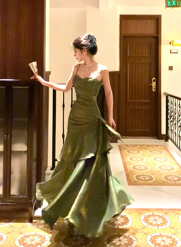 Green Mermaid Straps Long Satin Party Dress, Green Satin Evening Dress Prom Dress Mermaid Tail Wedding