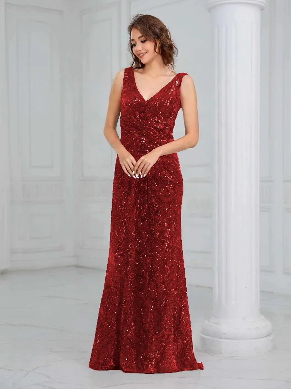 Leslie Glamorous Sheath V Neck Sequins Long Formal Dresses Tunics Hiking breathable