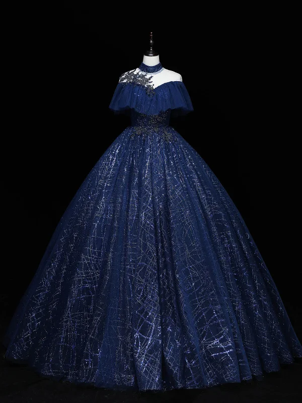 Navy Blue High Neckline Ball Gown Tulle Party Dress, Shiny Tulle With Lace Prom Dress Tunics Stylish elegant
