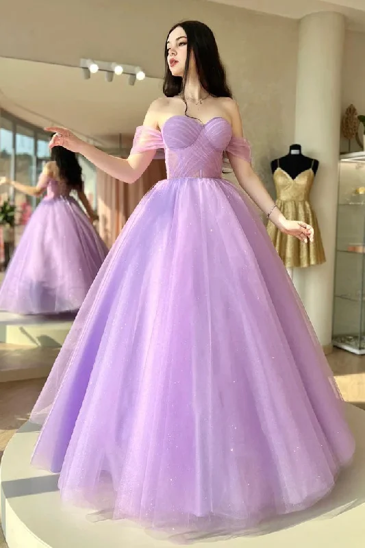 Lavender Tulle Long A-Line Prom Dress, Off Shoulder Evening Party Dress DMP290 Tunics Versatile stylish