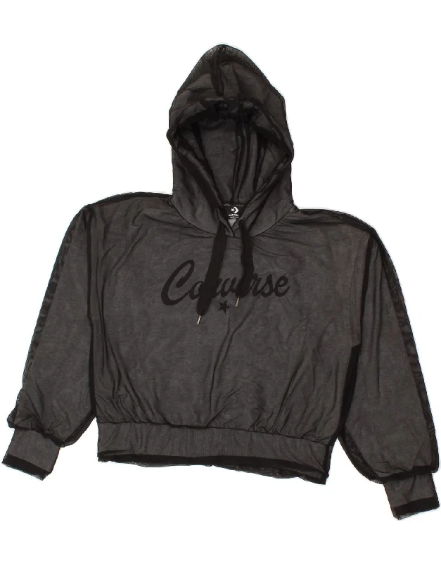 CONVERSE Womens Graphic Hoodie Jumper UK 12 Medium Grey Cotton Hoodie with Hem Lace Feminine Delicate