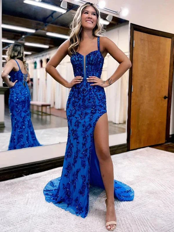 Beautiful Blue Mermaid Straps Long Party Dress with Lace-up, Blue Formal Dress Tunics Chic elegant
