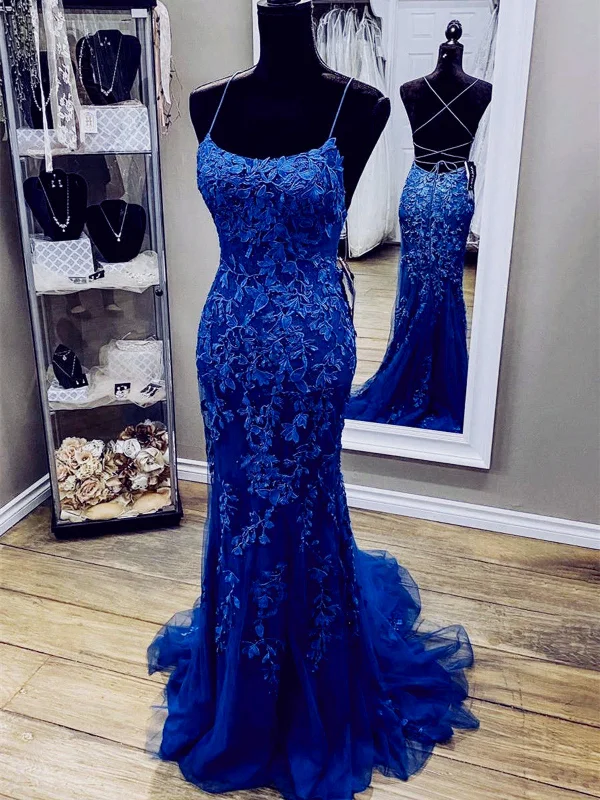 Royal Blue Mermaid Straps Tulle and Lace Party Dress, Royal Blue Prom Dress Crew Neckline Casual