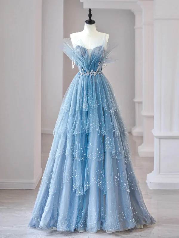 A-line Light Blue Beaded Long Tulle Party Dress, Light Blue Prom Dress Tunics Short Trendy