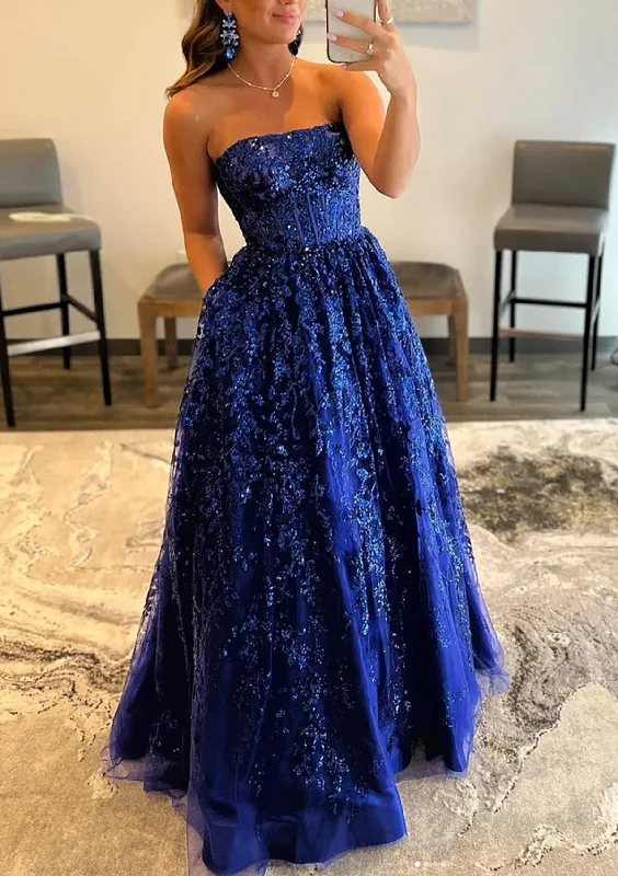 Princess Strapless Corset Floor-Length Royal Blue Lace Prom Party Dress, Pockets Tunics Versatile functional