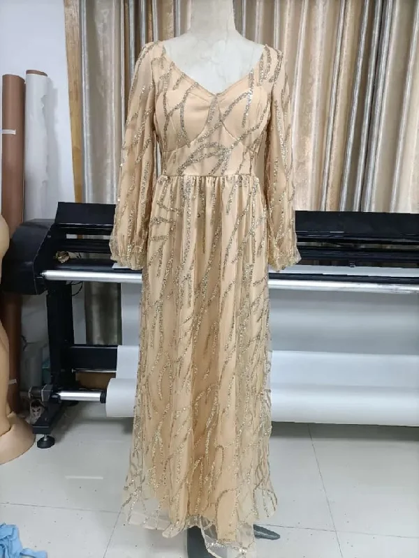 Female Elegant Cocktail Party Dress Sequins Mesh Luxury Evening Dress Long Lantern Sleeve V-Neck Floor Length Dress Aestheticism B-45925 Tunics New arrival