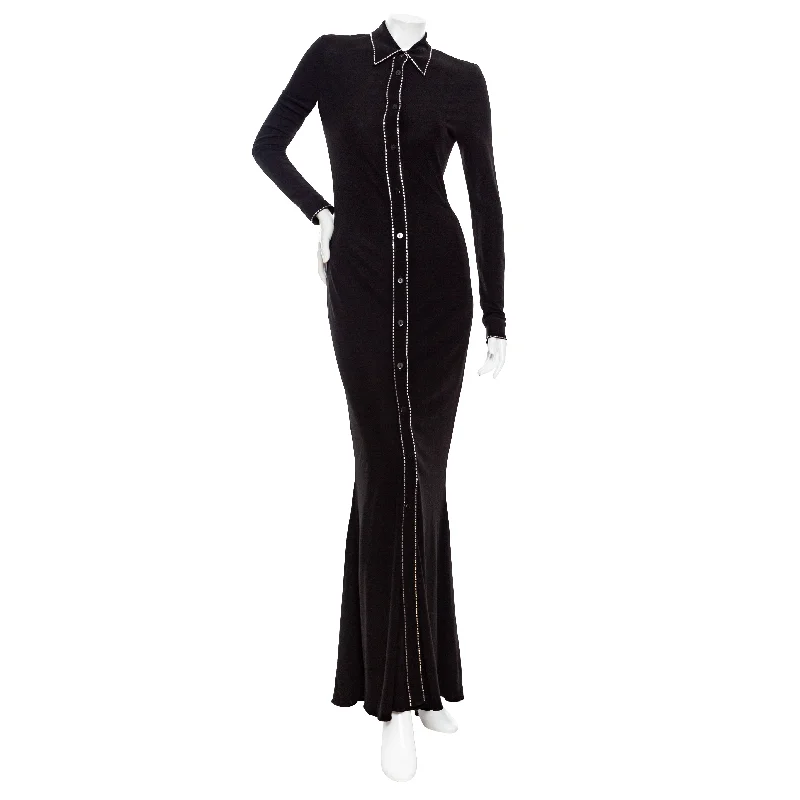 Vintage Black Viscose Rhinestone Point Collar Dress Tunics Versatile stylish