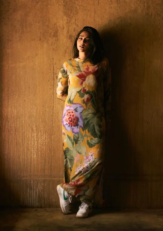 Allora Yellow Lei Lani Dress Turtleneck Neckline Stylish