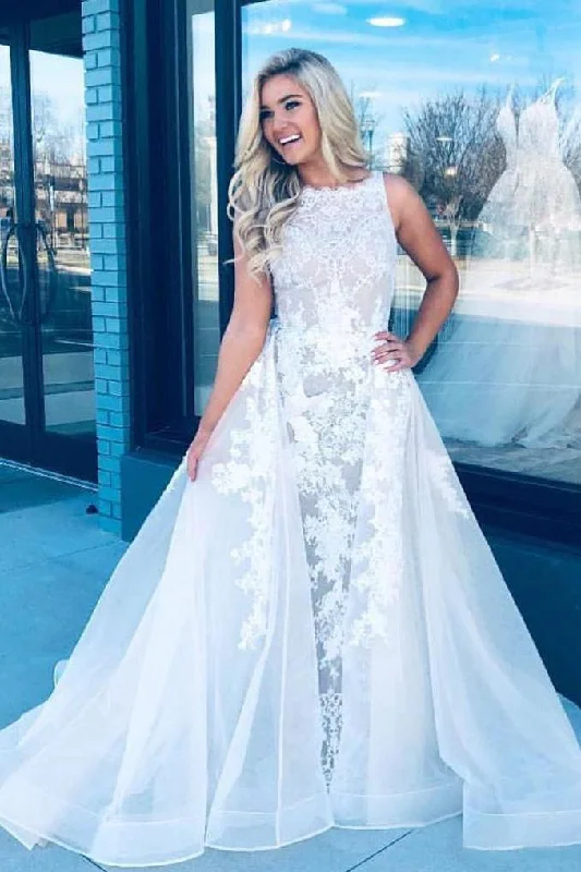 Cheap Lace Appliques Long Prom Dresses Vintage White Formal Party Dress DMN82 Tunics Fashionable trendy