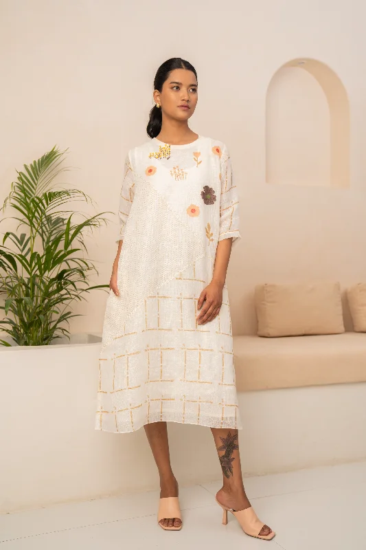 Ivory Embroidered Checks Linen Dress Tunics Versatile functional