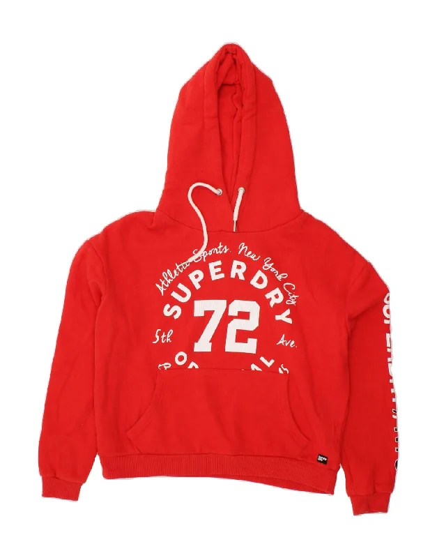 SUPERDRY Womens Oversized Graphic Hoodie Jumper UK 6 XS Red Cotton Hoodie with Stripes Bold Sporty
