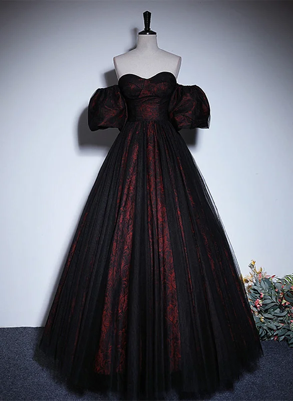 A-line Black and Red Lace Long Party Dress, Black and Red Prom Dress Cowl Neckline Elegant