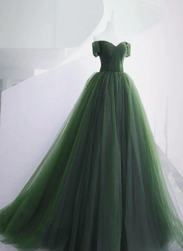 Green Short Sleeves Sweetheart Tulle Long Party Dress, Green Tulle Prom Dress Turtleneck Neckline Stylish
