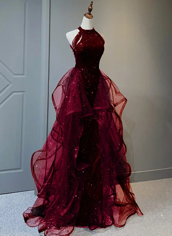 Wine Red Sequins with Tulle Long Party Dress, Wine Red Halter Evening Dress Tunics Silk luxurious