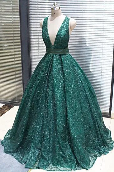 A-line V neck Dark Green Sequined Long Prom Dresses Sparkly Evening Party Dresses DMS18 Tunics Plaid country