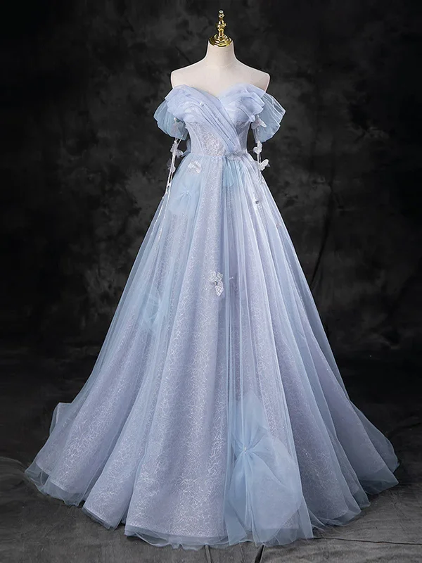 Light Blue A-line Off Shoulder Tulle and Lace Party Dress, Light Blue Prom Dress Tunics Long Elegant