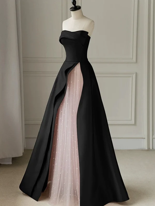 Chic Pink and Black Satin with Tulle Prom Dress, A-line Long Party Dress Halter Neckline Beach