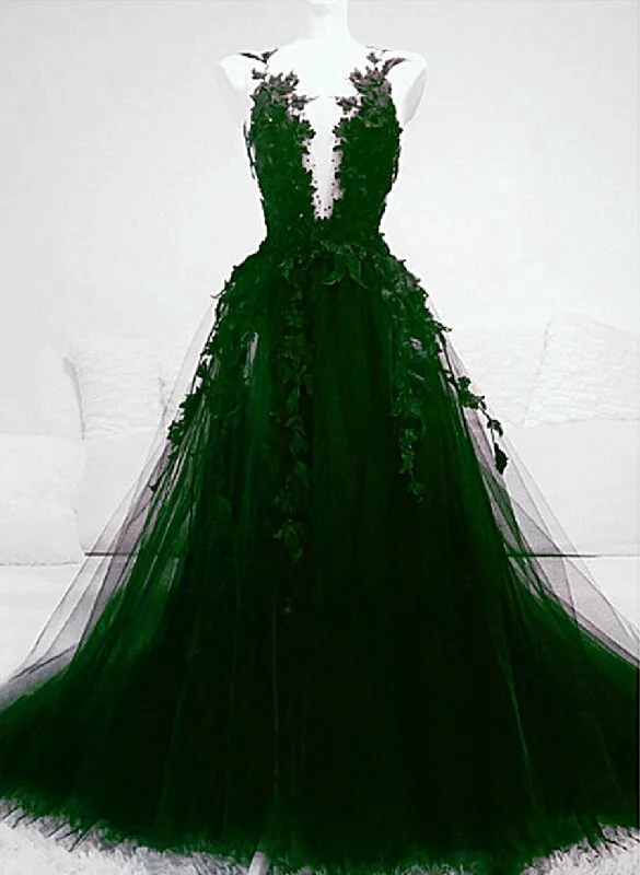 Dark Green Tulle with Lace Deep Neckline Backless Prom Dress, Dark Green Party Dress Tunics Distressed trendy