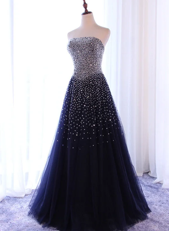 Sparkle Navy Blue Tulle Long Prom Dress, Prom Dresses 2018, Party Dresses Satin Halter Glamorous