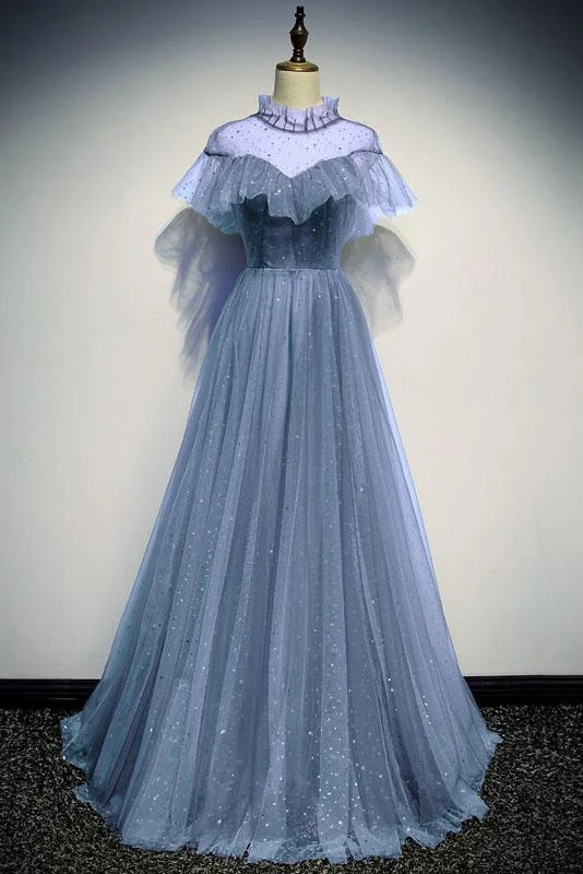 A Line High Neck Tulle Short Sleeves Prom Dress Long Evening Party Dresses DMQ73 Lace Sexy Club
