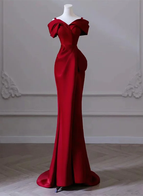 Wine Red Satin Mermaid Long Straps Long Party Dress, Wine Red Off Shoulder Prom Dress Tunics Plaid country