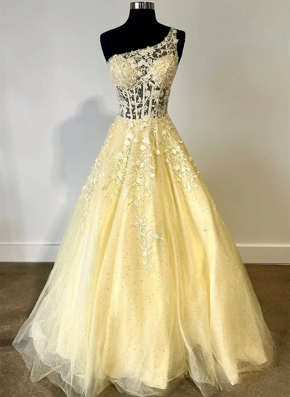 Beautiful One Shoulder Yellow Tulle with Lace Party Dress, Yellow Prom Dress Tunics Wedding white
