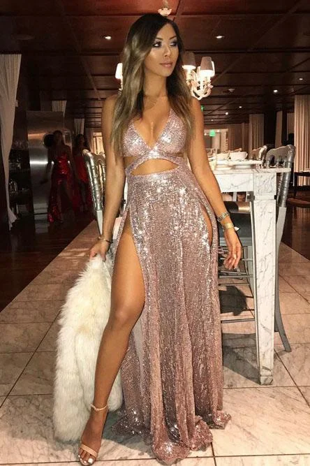Sexy Sequins Long  Prom Dresses With Slit, Cheap Party Dress DML32 empire Waist empire
