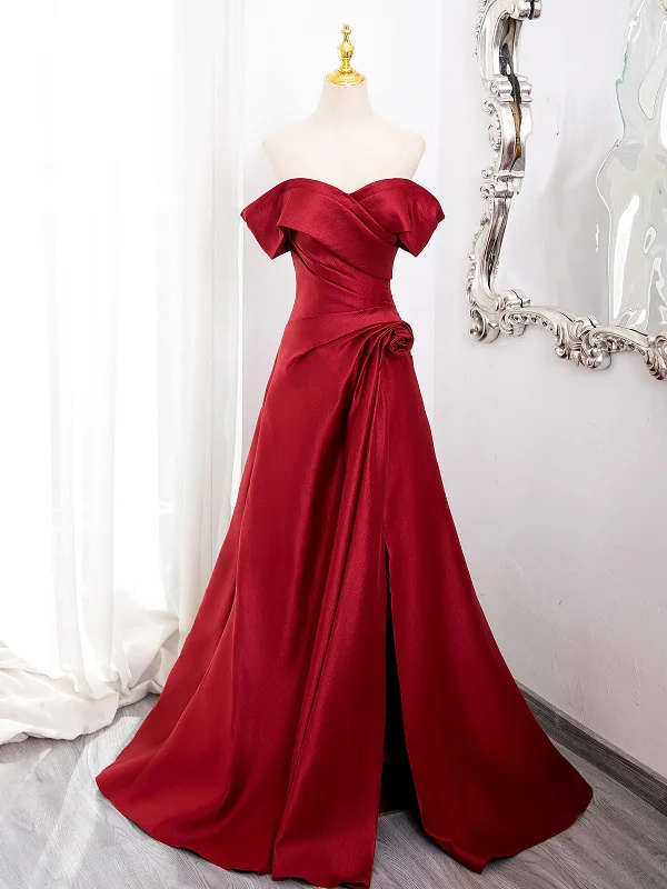 Wine Red Satin Sweetheart Off Shoulder Prom Dress, Wine Red Party Dress with Leg Slit Crew Neckline Sporty
